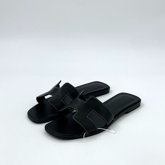 Hermès Womens Black H Line Leather Flat Sandals Size 36 Made In Italy - Picture 1 of 8